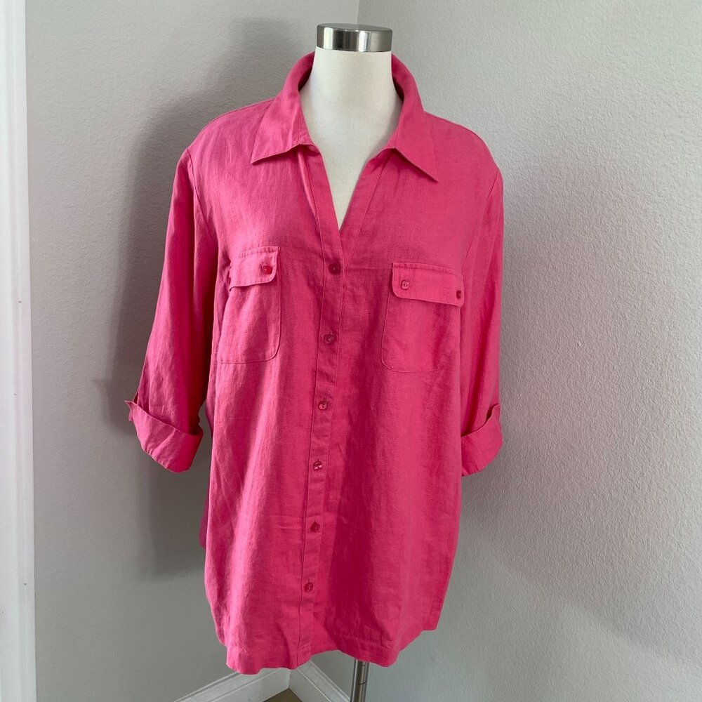 JM Collection Woman 20W Pink 100% Linen Button Up Shirt 3/4 Sleeve‎ Top